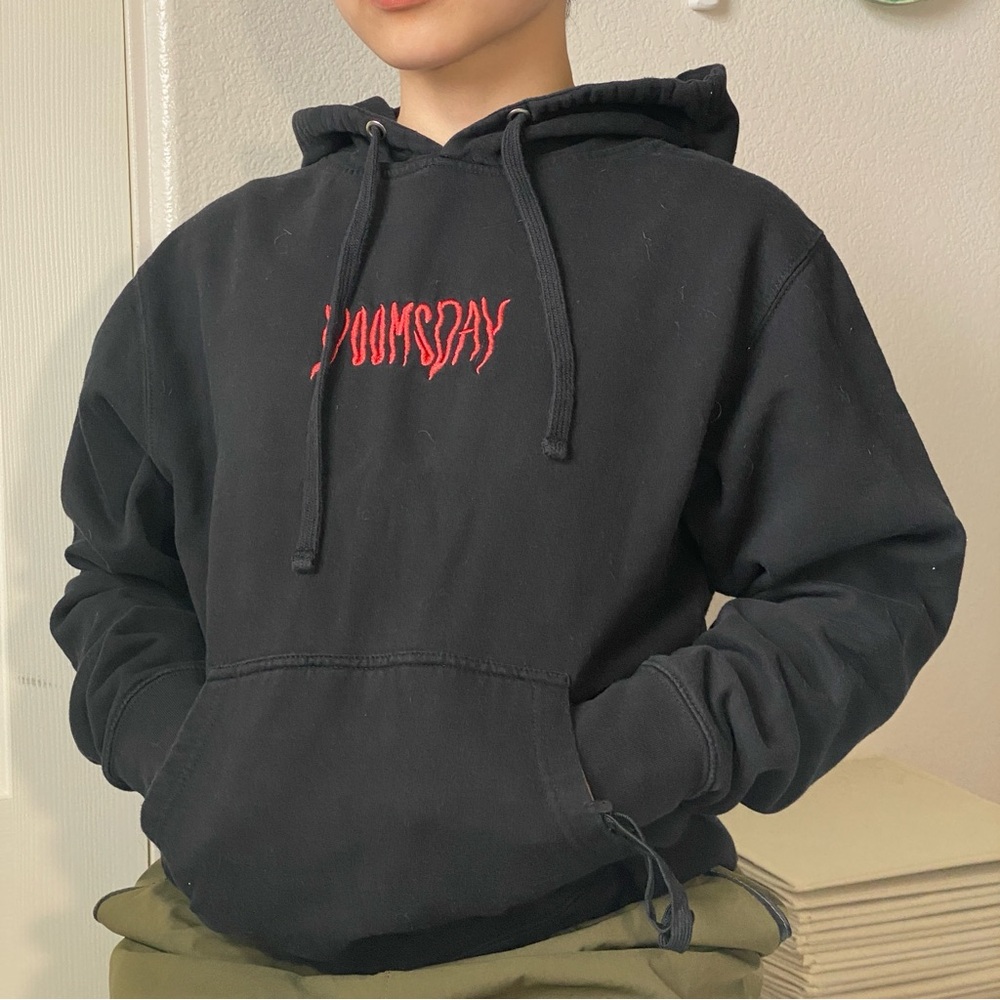 Thryfty Black DOOMSDAY Embroidered Sweatshirt Hoodie with drawstring & pocket